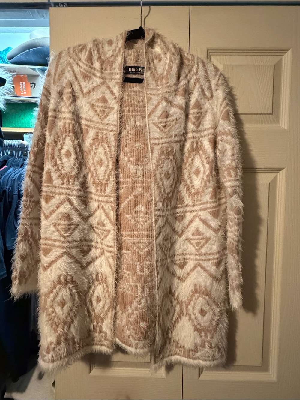 Fuzzy Open-Front Cardigan Sweater in Cream and Tan